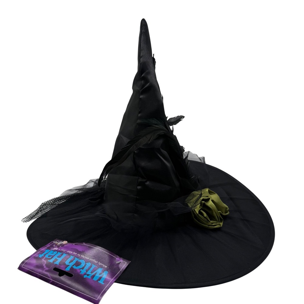 Fun World Black Witch Hat Green Roses Feathers Halloween Costume READ